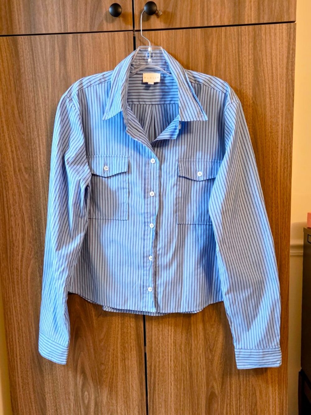 Karlie sz L Cornflower Blue Double Pocket Striped Button Down Collared Shirt